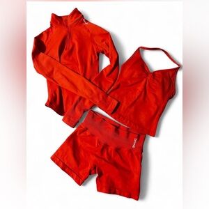 DFYNE impact chill 3pcs red Orange longline top, zip top and 4.5 shorts set